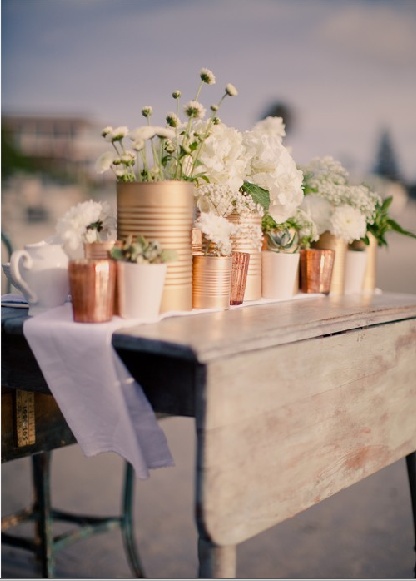 Bronze, Cream & White Tins as Wedding Vases